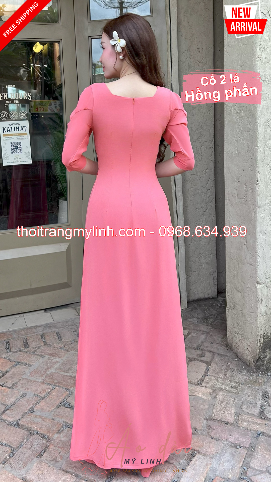 Bộ dài cổ vuông 2 lá bâu tay xếp tầng hồng phấn